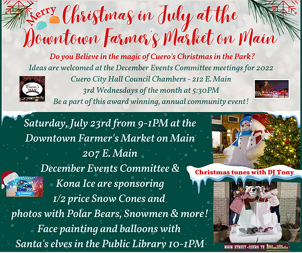 Graphic for Cuero's Christmas in the Park - Downtown - in July! 2022-07-29